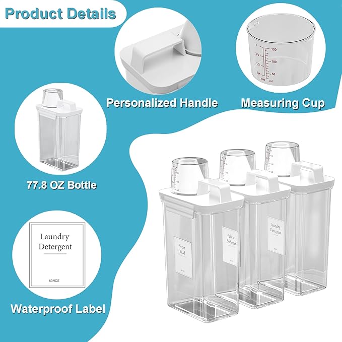 77.8OZ Laundry Detergent Dispenser Container, 3 Pack Liquid Laundry Dispenser, Plastic Detergent Dispenser for Laundry Room/Powder/Fabric Softener with 6 Labels, Clear