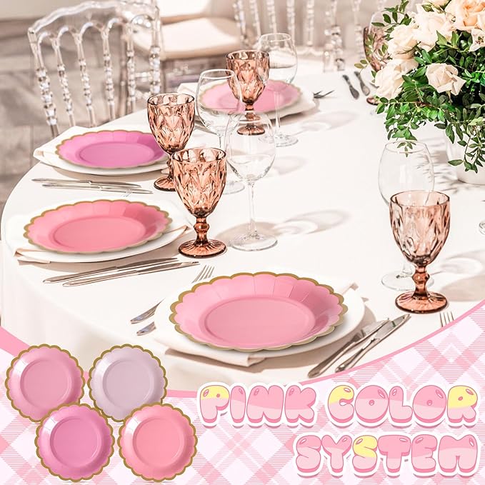 96 Pcs Valentine's Day Pink Paper Plates 7 Inch Scalloped Gradient Pink Disposable Dessert Plate for Coquette Bridal Wedding Galentines Birthday Baby Shower Party Supplies