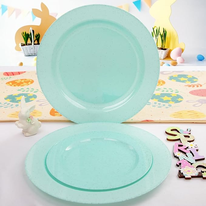DaYammi 60Pcs Greeen Plastic Plates,Disposable Green Plates With Glitter,Granite Plastic Platos Include 30 Dinner Plate 10.25inch,30 Dessert Plate 7.5inch,Green plastic plates for Party Dinner
