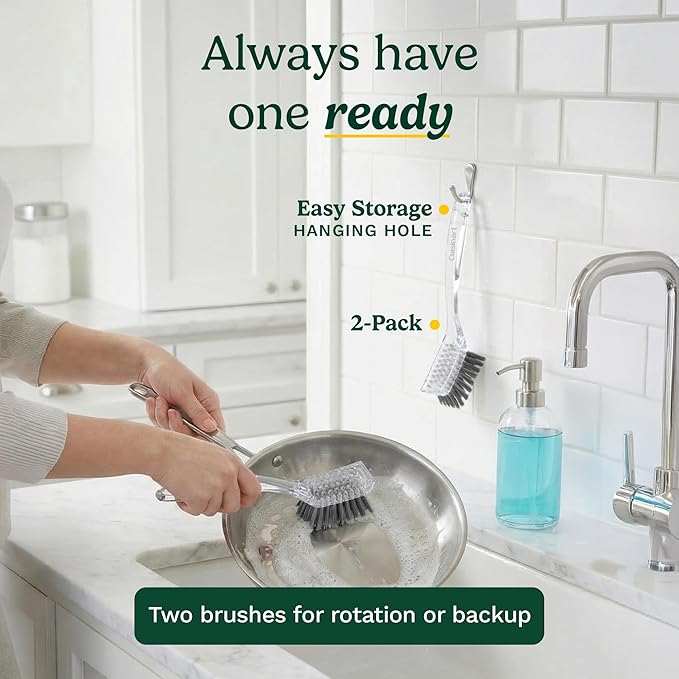 Cuisinart Dish Brush with Handle 2 Pack – Kitchen Scrub Brush for Dishes, Pots & Pans, Non-Scratch Dish Scrubber, Firm Bristles for Sink & Cookware, Comfortable Grip for Everyday Cleaning