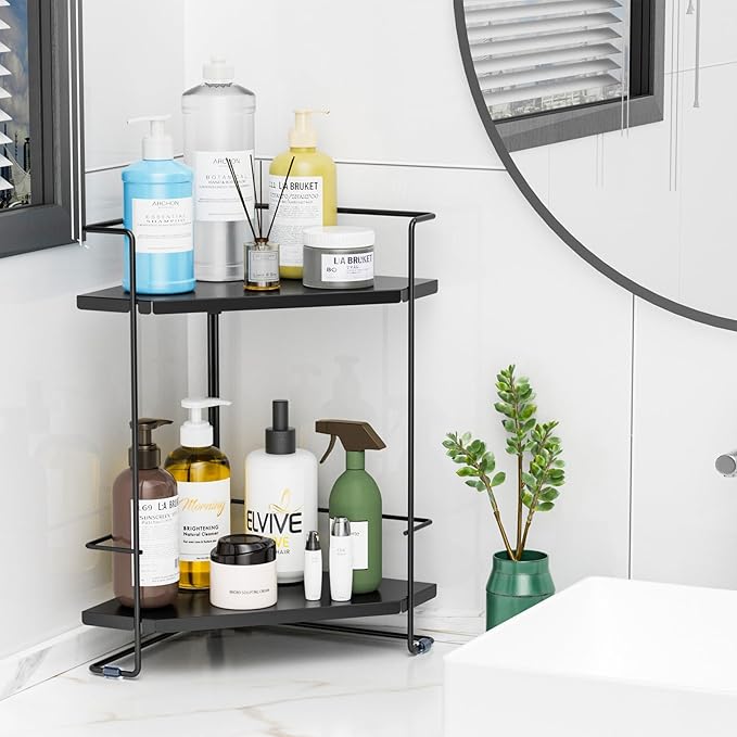 BOIVSHI Bathroom Organizer Countertop, 2-Tier Bathroom Organizers and Storage for Bathroom Countertop, Kitchen Counter, Corner Storage Shelf for Storage, Skincare, Perfume, Makeup (Black)