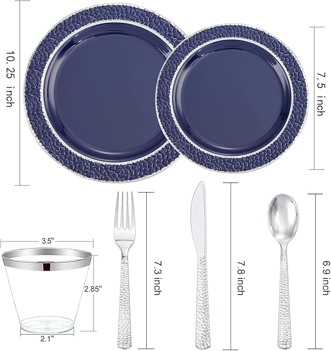 Ciaell 150 PCS Blue and Silver Plastic Plates - Blue Disposable Plate include 50 Plates, 25 Knives, 25 Forks, 25 Spoons, 25 Cups for Weddings & Party