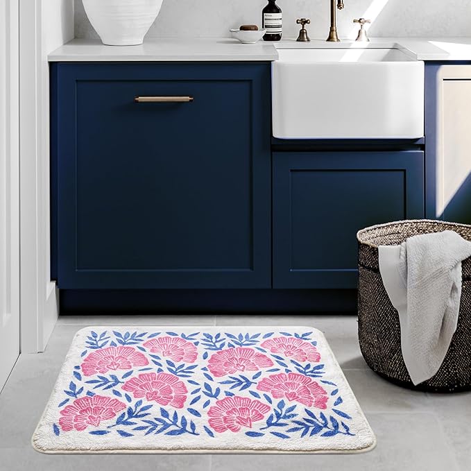 SHIYUE Cute Bath Mat for Bathroom Rugs, Ultra Soft and Fluffy Microfiber Water Absorption Non Slip Mat for Bedroom Kitchen Bathroom Toilet Floors(21"×30" Pink Flower)