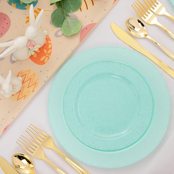 DaYammi 60Pcs Greeen Plastic Plates,Disposable Green Plates With Glitter,Granite Plastic Platos Include 30 Dinner Plate 10.25inch,30 Dessert Plate 7.5inch,Green plastic plates for Party Dinner