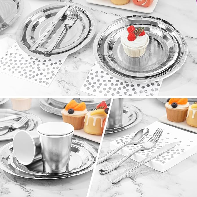 Silver Paper Plates and Napkins Party Supplies,350pcs Silver Plates Disposable Dinnerware Set for Anniversary Graduation Holiday Disco Birthday Party Decorations Serves 50
