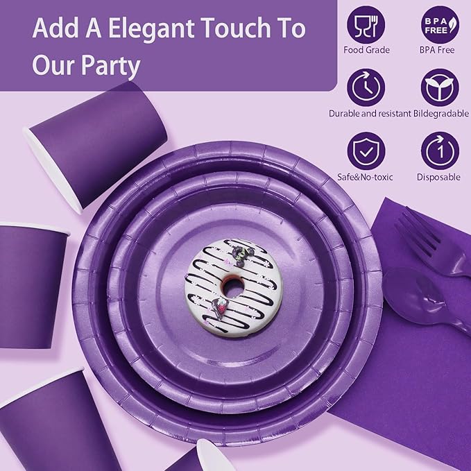 Purple Paper Plates Party Supplies,350pcs Purple Plates and Cups and Napkins Set for Mardi Gras Birthday Decorations for Women Srve 50