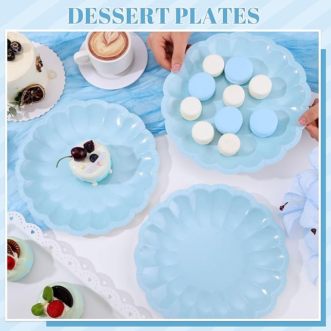 NatNarr 30 Pcs Light Blue Paper Plates 9.5 In Blue Plates Disposable Heavy Duty Scalloped Party Plate with Shell Edge for Wedding Birthday Bridal Shower Boy Baby Shower