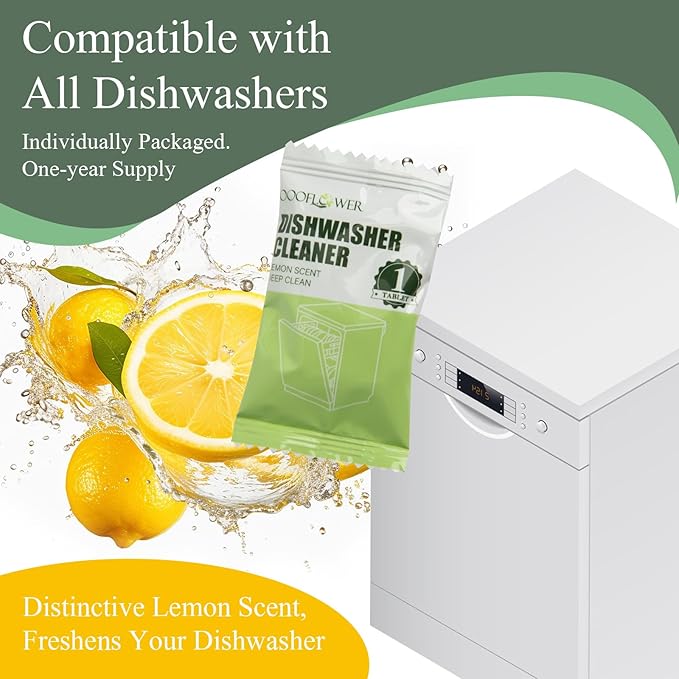 24PCS Dishwasher Cleaner and Deodorizer Tablets with Digital Meat Thermometer, Deep Cleaning Formula Tablets for Removing Limescale, Odor, Smell, Hard Water Residue(Lemon-Scented)