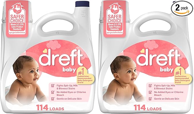 Dreft Stage 1 Newborn Baby Liquid Laundry Detergent,Gentle on Sensitive Skin,HE Compatible,114 loads,(Pack of 2)