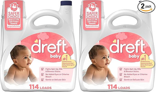 Dreft Stage 1 Newborn Baby Liquid Laundry Detergent,Gentle on Sensitive Skin,HE Compatible,114 loads,(Pack of 2)