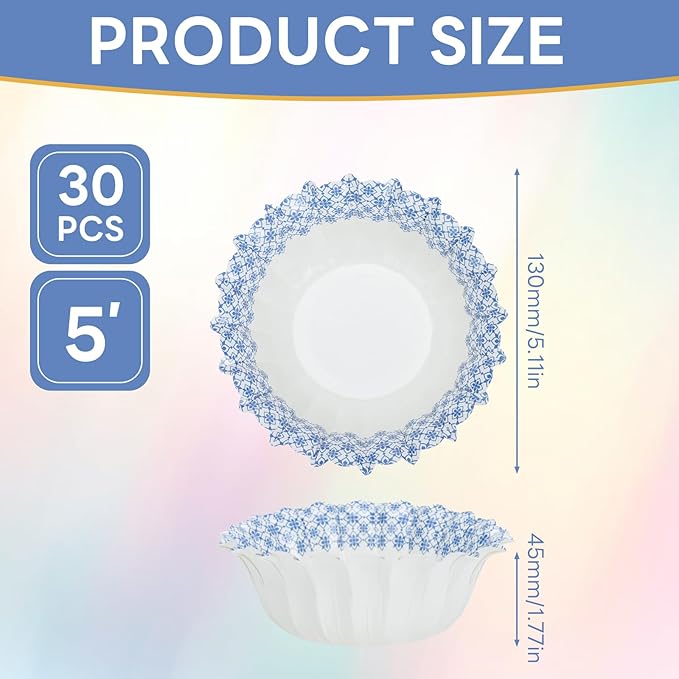30 Pcs Small Paper Bowls, 8oz Floral Disposable Soup Bowl, Heavy Duty Printed Disposable Bowls For Snack,Dessert,Ice Cream,Salad, Party & Everyday Use(Blue Grid Pattern)