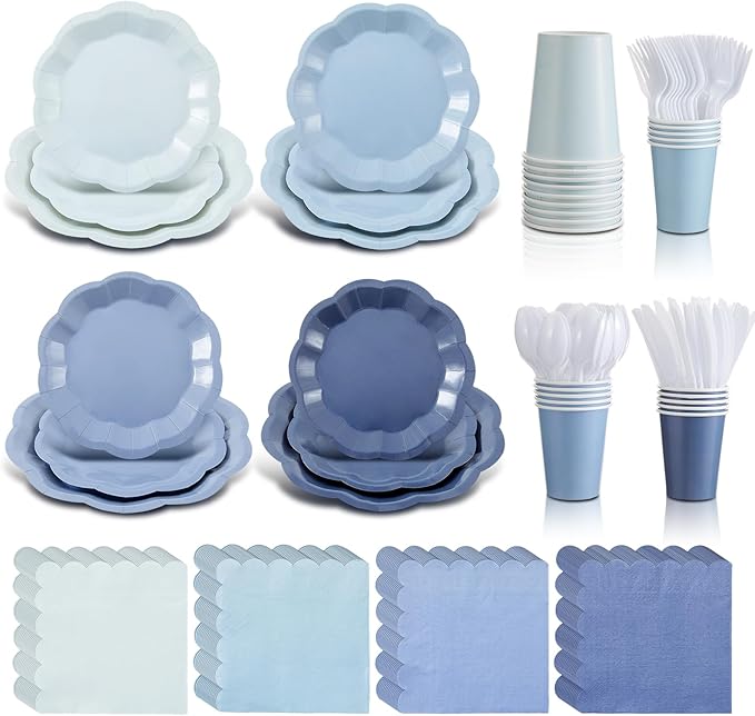 336 Pcs Dusty Blue Gradient Disposable Dinnerware Sets for 48 Guests, Blue Party Supplies Include Paper Plates, Cups, Napkins and Plastic Cutlery for Wedding, Birthday, Baby Shower Party