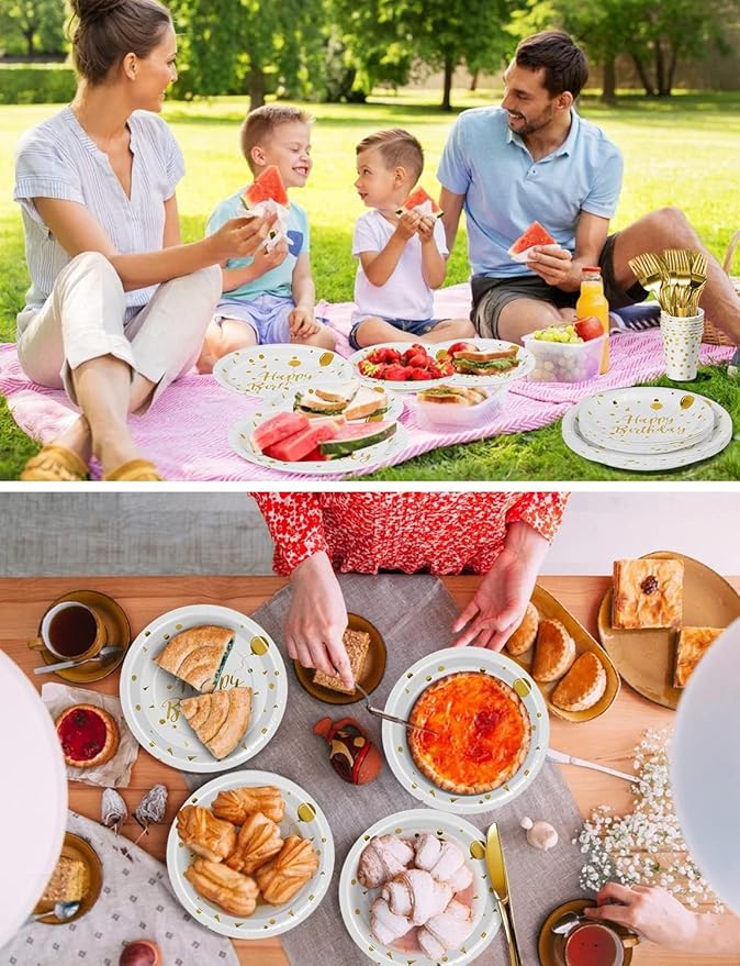 Nkaiso Birthday Party Tableware, 161 Pieces White Gold Party Supplies, Party Dinnerware Sets Include Paper Plates Napkins Cups Silverware, for Shower Engagement Parties Decoration -20 Serves