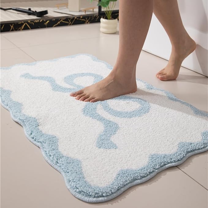 Blue Scalloped Bathroom Mat 47x20, Soft Absorbent Bath Mats, Machine Washable Microfiber Floor Mats for Bathroom Tubs, Sinks and Showers