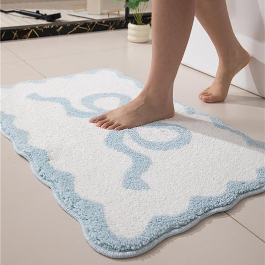 Blue Scalloped Bathroom Mat 47x20, Soft Absorbent Bath Mats, Machine Washable Microfiber Floor Mats for Bathroom Tubs, Sinks and Showers