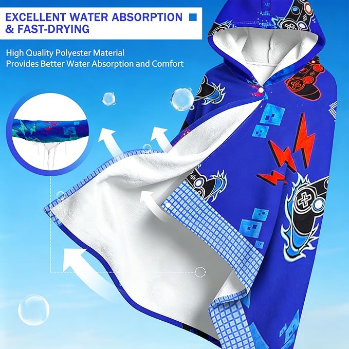 Hooded Towels for Kids - Superfine Fiber Video Gaming Gamepad Toddler Hood Bath Towels Beach Hooded Poncho Absorbent Pool Toddler Swim Bath Wrap for Boys & Girls 3-10 Years, 50 * 30 inches