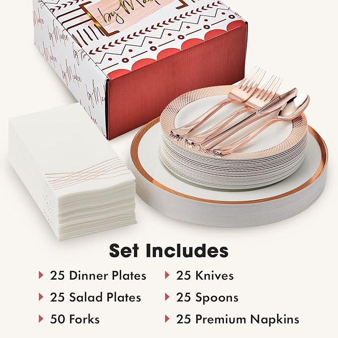 By Madee HEAVYWEIGHT Rose Gold Plates and Napkins Party Supplies | Rose Gold Disposable Dinnerware Set with Heavy Duty Plates, Cutlery & Napkins for 25 Guests
