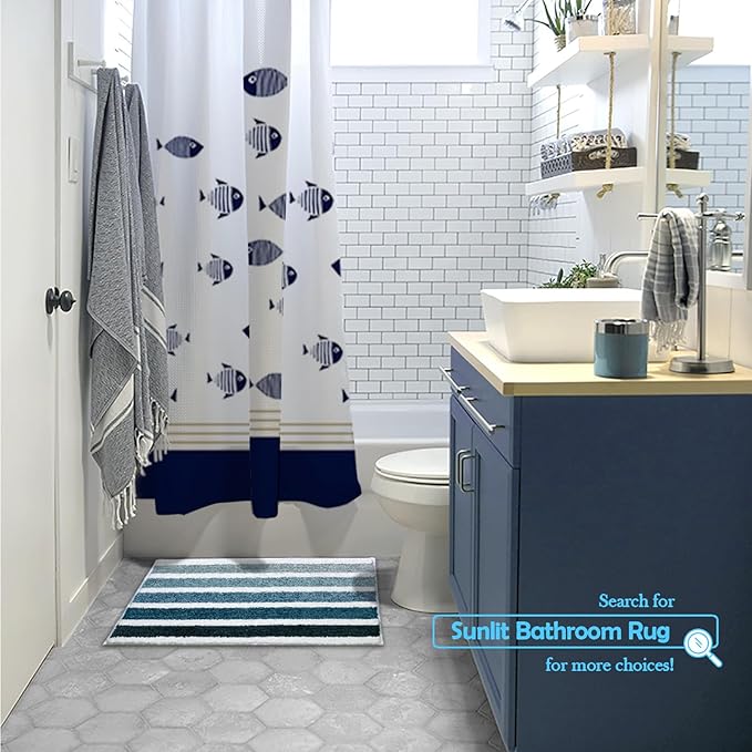 Sunlit Ombre Blue Bathroom Rug Nautical Bath Mat for Bathroom Non Slip 24"x17" Blue and White