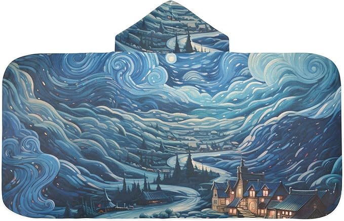 Hooded Towel for Kids Village Starry Night and Clouds Beach Wrap Bath Towels 50x23.5in