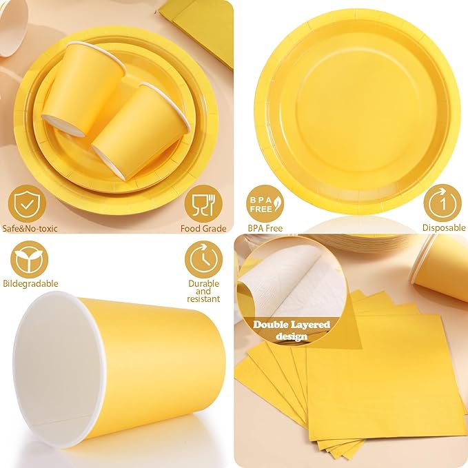 200Pcs Yellow Birthday Decorations, Yellow Plates and Napkins Party Supplies Serves 50, Yellow Paper Plates for Bee Sun Sunshine Baby Shower Easter Mardi Gras Spring Summer Party Decorations