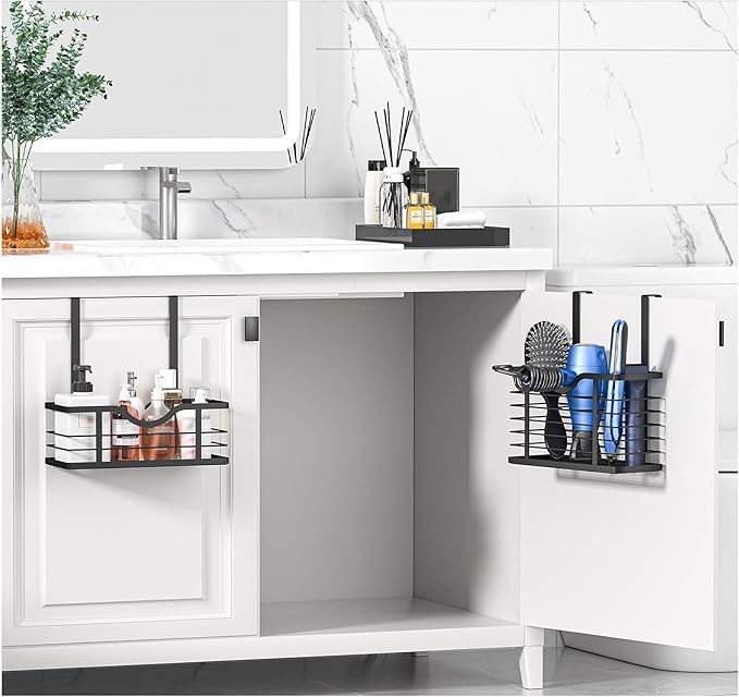 Hair Dryer Holder, 2PC Hair Tool Organizer, Blow Dryer Holder, Adjustable Height Bathroom Cabinet Organizer Tray for Hair Dryer Straightener, Curling Irons Storage Wall Mounted/Cabinet Door