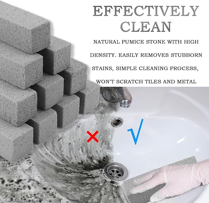JONMON Pumice Stone for Toilet Cleaning, 10Pcs Bathroom Toilet Bowl Hard Water Rings Clean Brush Set with 1 Long Handle for Removing Tub, Swimming Pool, Tile, Kitchen, Sink