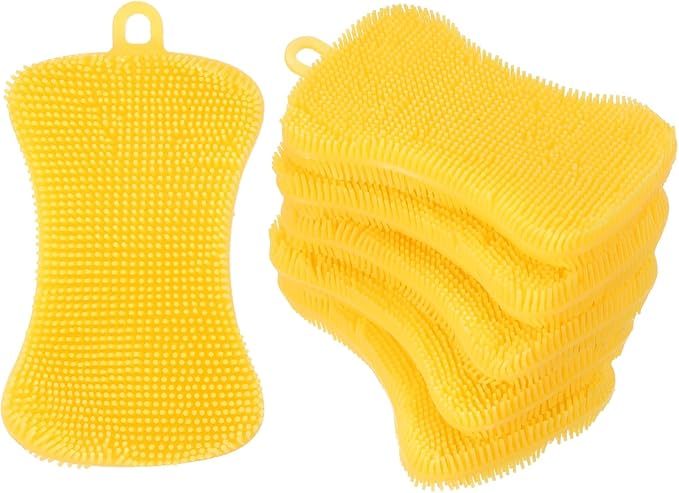 uxcell Silicone Dish Scrubber, 6 Pack Reusable Dishes Sponges Silicone Sponges Double Design for Kitchen Bathroom Cleaning Gadgets Accessories Countertop Cookware Pots Pans, Yellow