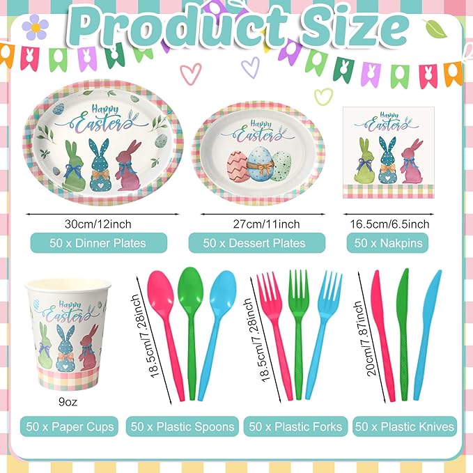 Havawish 350 Pcs Easter Bunny Party Supplies Happy Easter Disposable Tableware Set Pastel Buffalo Plaids Bunny Eggs Oval Paper Plates Cups Napkins Fork Knife Spoon for Spring Party Table Decorations