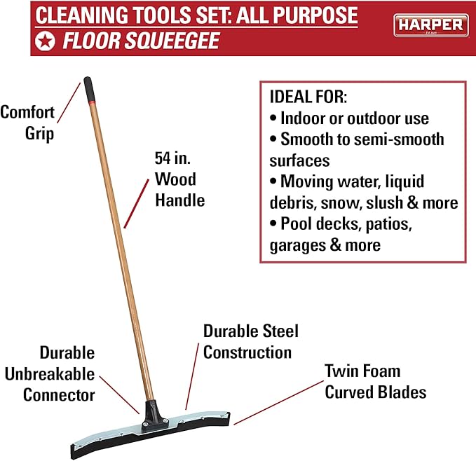 Harper 37518700 All-Purpose Scrubbing & Squeegee Brush Set with 10 in. Wash Brush with Flow-Through Handle, 24 in. Floor Squeegee, 10 in. Deck Brush and 8 in. Handheld Scrub Brush