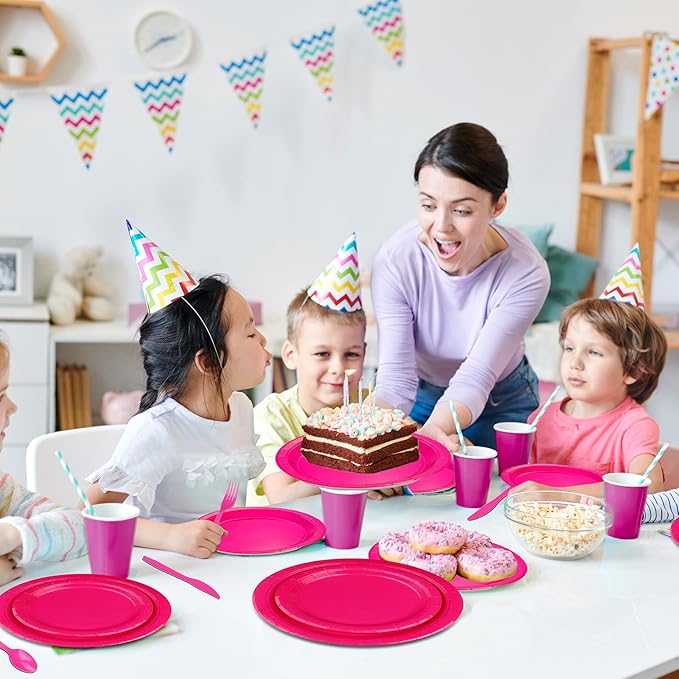 228PCS Hot Pink Party Supplies Set Include Paper Plates Cups Hot Pink Napkins Plastic Spoons Forks Knives for 30Guests Disposable Party Dinnerware Sets for Birthday Wedding Family Picnic