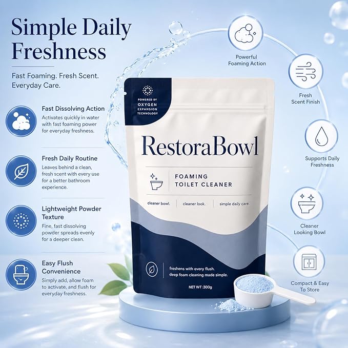 Restorabowl Foaming Cleaning Powder, Fresh Scent Daily Care Powder, Fast Dissolving Formula for Everyday Freshness, Easy Flush Use, 300g
