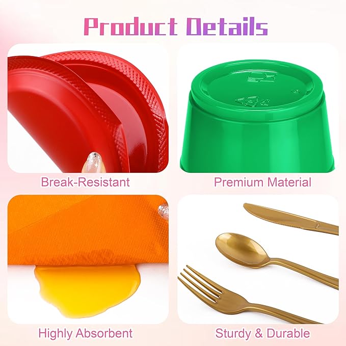 Aodaer 200 Pieces Colorful Dinnerware Set, Disposable Party Supplies Include 7/9 Inch Yellow Red Plastic Plates Green Cups Cutlery Napkins for Rainbow Birthday Party Decor, Serve 25 Guest