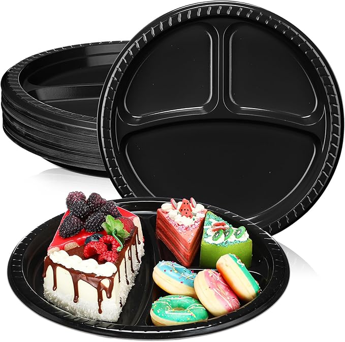 Teenyyou 50 Pcs 10 Inch Plastic 3 Compartment Divided Plates Heavy Disposable Plates Duty Round Dinner Plates with Dividers for Wedding Birthday Party Dinnerware(Black)