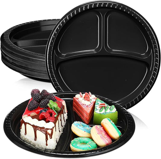 Teenyyou 50 Pcs 10 Inch Plastic 3 Compartment Divided Plates Heavy Disposable Plates Duty Round Dinner Plates with Dividers for Wedding Birthday Party Dinnerware(Black)