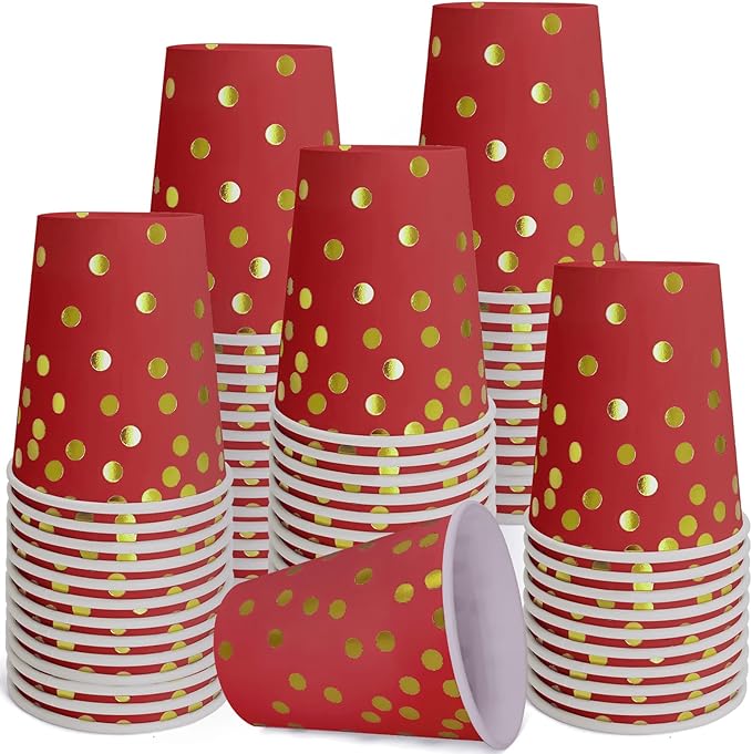 Red and Gold Paper Cups,9 oz Red and Gold Foil Dot Disposable Cups for Birthday Wedding Party Supplies(50 Pcs)