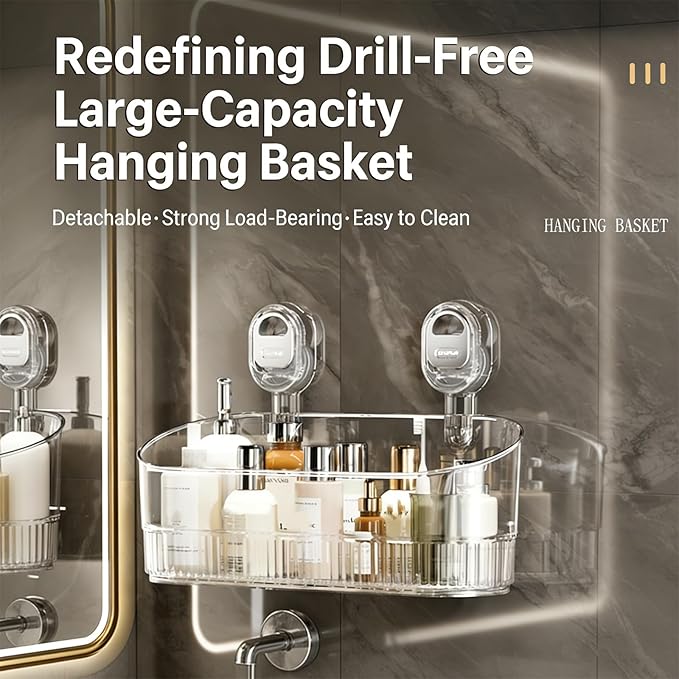 No-Drill Bathroom Suction Storage Box – Large Capacity & Strong Load-Bearing, No Drill Bathroom Shelves Drain Rack Organizer, Hanging Shower Caddy Suction Cups Heavy Duty (Gray)