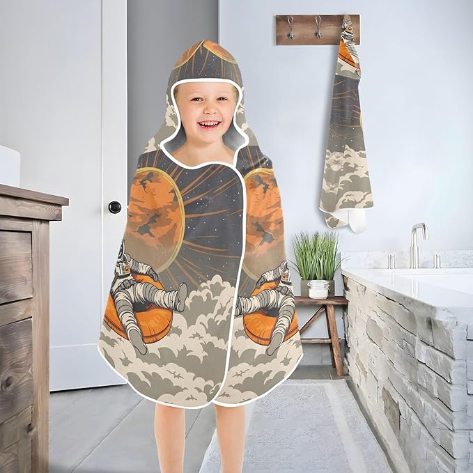 Hooded Towel for Kids Astronaut Sitting in Orange Cushion Floating in The Sky at Sunset Beach Wrap Bath Towels 50x23.5in