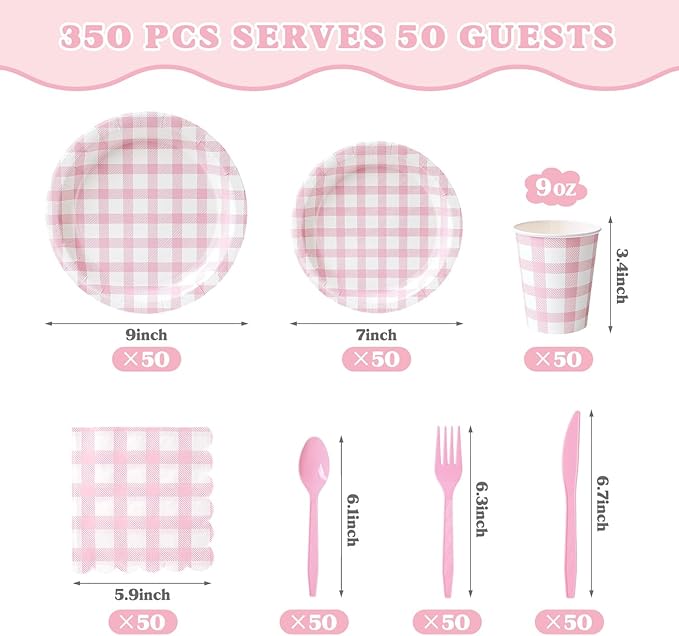 Vyntra 350 Pcs Pink Gingham Paper Plates and Napkins Set for 50, 9" Dinner Plates & 7" Dessert Plate, Baby Girl Shower Birthday Party