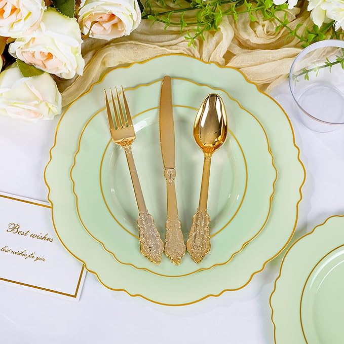 Liacere 350PCS Light Green Plates - Disposable Green and Gold Plastic Plates 50guest Baroque Dinnerware include 100Plates,50Pack Pre Rolled Napkins with Silverware 50Cups for Wedding ＆ Party & Spring
