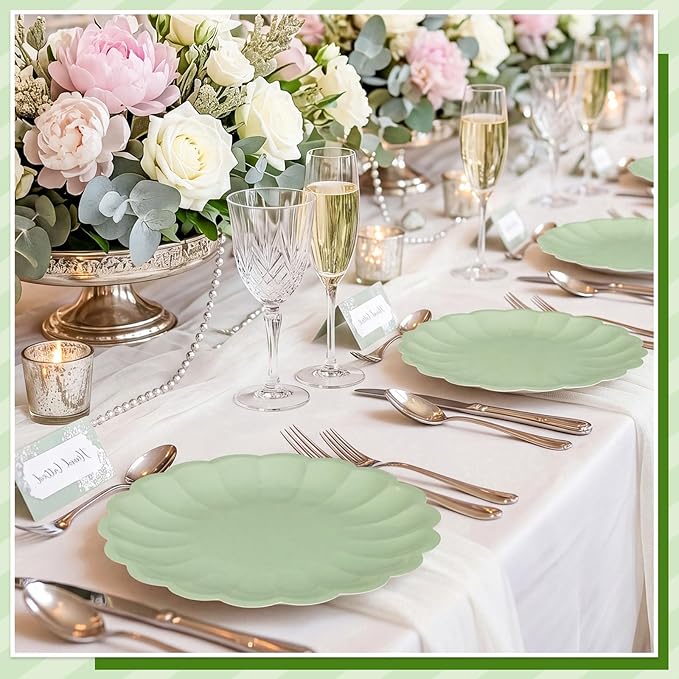 NatNarr 30 Pcs Sage Green Paper Plates 7.5 Inch Shell Edge Easter Plates Disposable Green Scalloped Paper Plate for Wedding Baby Shower Birthday Party Bridal Shower
