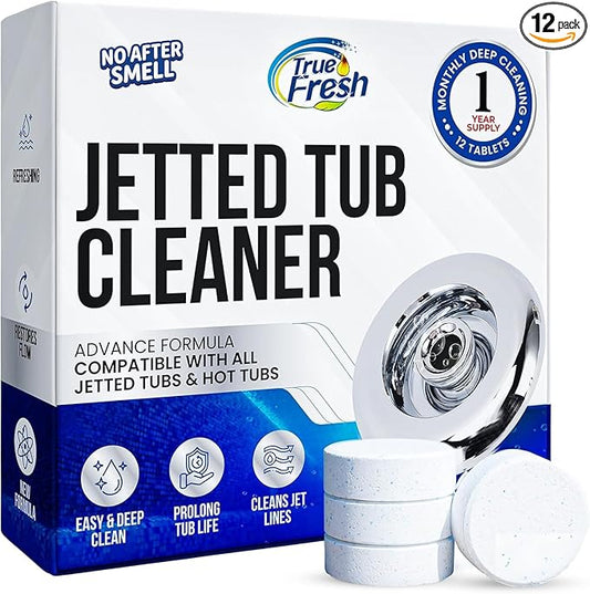 True Fresh Jetted Tub Cleaner Tablets – 12 Cleaning Tablets for Bathtub Jets & Spa Systems, Jet Tub Cleaner for Whirlpool Jets, Removes Scale & Residue, Hot Tub Jet Cleaner System, 1 Year Supply