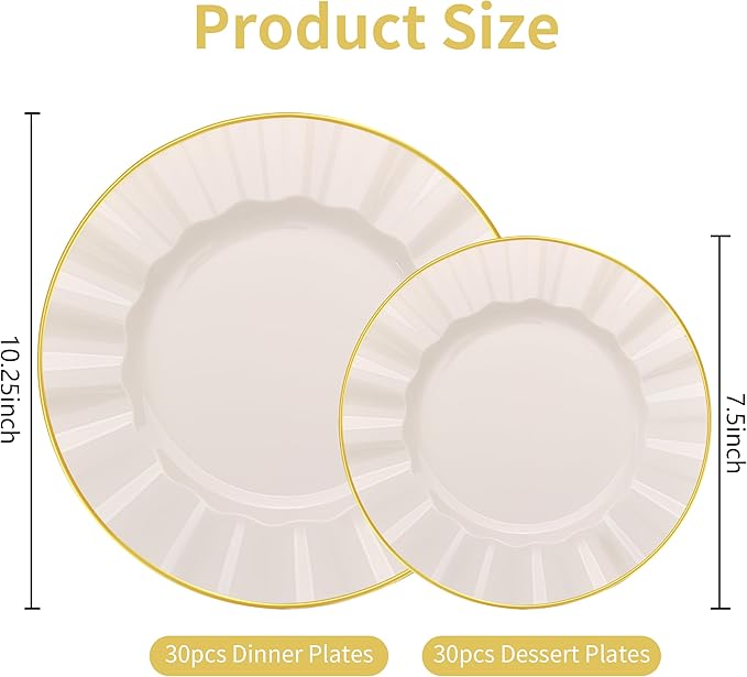 60Pcs Heavy Weight Ivory Plastic Plates with Gold Trim, Heavy Duty Wedding Plates, Elegant Disposable Plate Sets include 30 Dinner & 30 Dessert Plates for Party & Wedding(30 Guests)