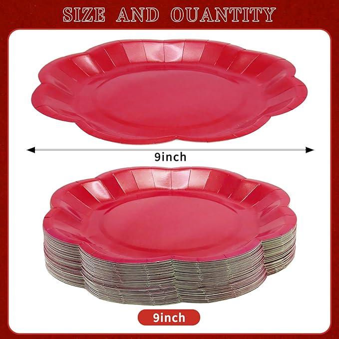 Red Plates Party Supplies,9 inch Red Paper Plates Disposable Scalloped for Birthday Cake Plate Baby Shower Dinner Wedding Dessert Valentines Day Party