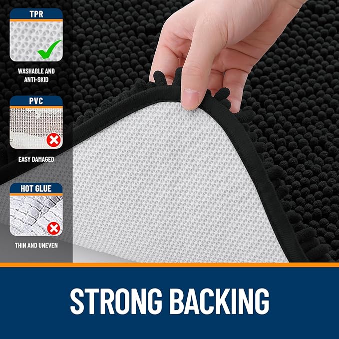 OLANLY Bathroom Runner Rugs 44x24, Extra Soft Absorbent Chenille Bath Rugs, Rubber Backing Quick Dry, Machine Washable Long Bath Mats for Bathroom Floor, Tub and Shower, Home Decor Accessories, Black