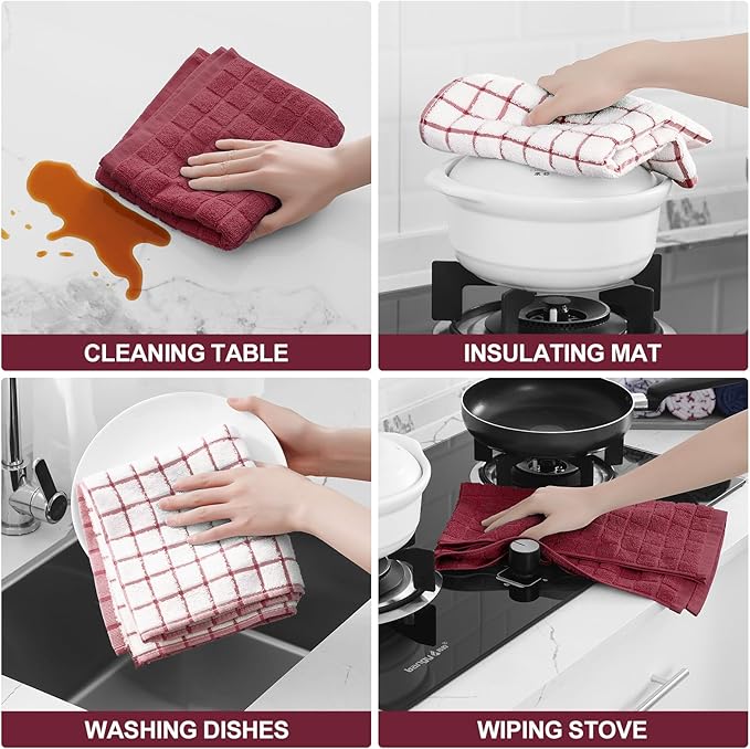 Homaxy Premium Cotton Kitchen Towels 16"x 28", Large Natural Ring Spun 390 GSM Dish Towels, Super Absorbent Terry Kitchen Hand Towels, Soft Tea Towels with Hanging Loop, Red Check Design, 4 Pack