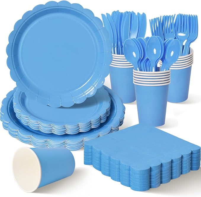 Vyntra 350 Pcs Blue Disposable Paper Plates and Napkins Set for 50, 9" Dinner Plates & 7" Dessert Plates, Tableware for Baby Shower, Birthday, Picnic, Party
