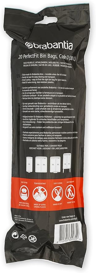 Brabantia PerfectFit Trash Bags (Size O/8 Gal) Thick Plastic Trash Can Liners with Drawstring Handles (120 Bags)