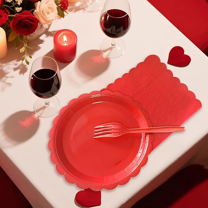 Red Paper Plates and Napkins,7 Inch Red Scalloped Disposable Dessert Plates Paper Napkin Fork Party Supplies for Wedding Baby Shower Birthday(25 Guest)