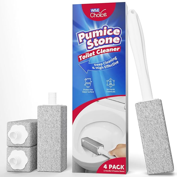 W&E Choice Toilet Pumice Stone 4 Pack, Pumice Stone for Bathroom Cleaning with Extra Long Handle, Toilet Brush for Removing Hard Water Stains & Limescale, Pool Tile Grill and Sink Cleaner