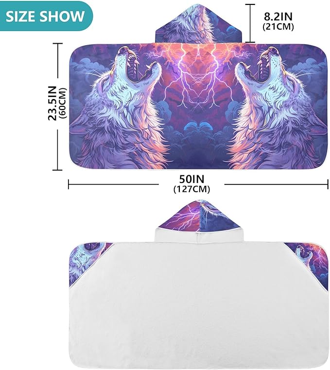 Hooded Towel for Kids Howling Wolf with Lightning in The Sky Beach Wrap Bath Towels 50x23.5in
